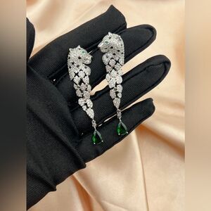 Sterling Silver Stud Panther Drop Earrings with Cubic Zirconia
